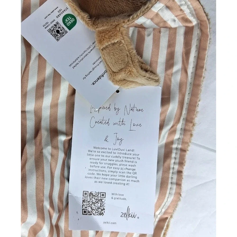 Luvi Duvi Baby Bear Security Blanket Stripe Satin Brown White Reversible NWT 17